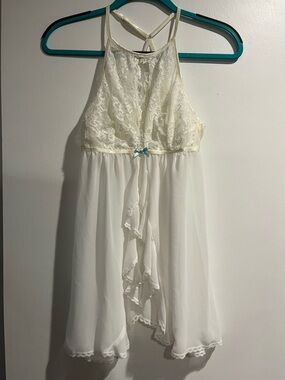Apt. 9 Cream Lace & Chiffon Babydoll Nightie with Blue Bow Size Small